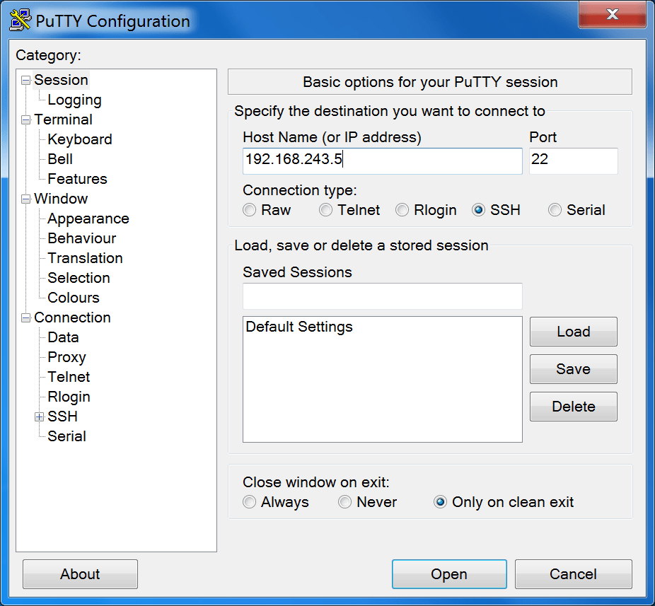 PuTTY: SSH-Konfiguration