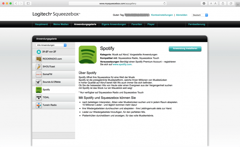 mysqueezebox.com: Anwendung Spotify installieren