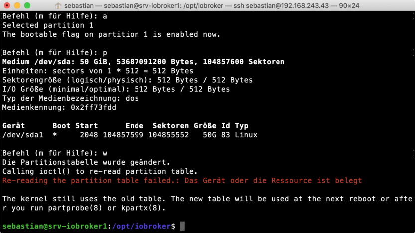 Ubuntu: Änderungen von <code>fdisk</code> auf die Festplatte schreiben